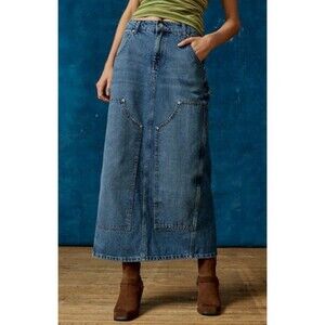 Urban Outfitters BDG Maxi Skirt Denim Blue Benji Utility Vacay Retro Boho Sz XL
